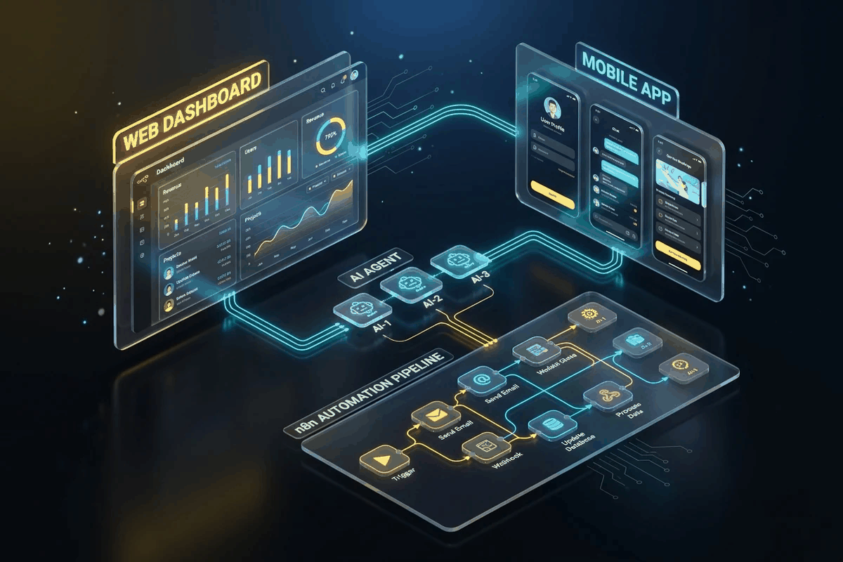 AARAMBH TECH 3D isometric architecture showing interconnected web app dashboard, mobile system, and AI automation workflows